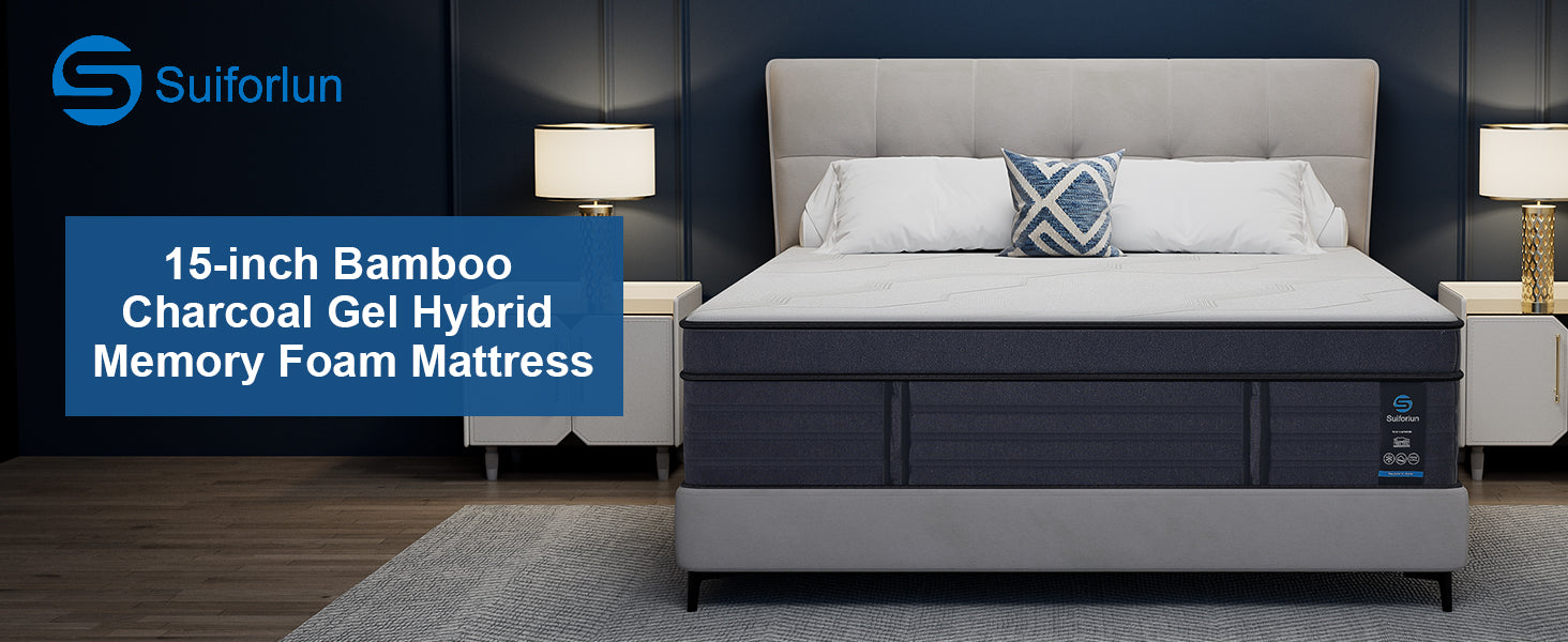 Gray mattress with pillows in a bedroom setting, featuring Suiforlun branding.