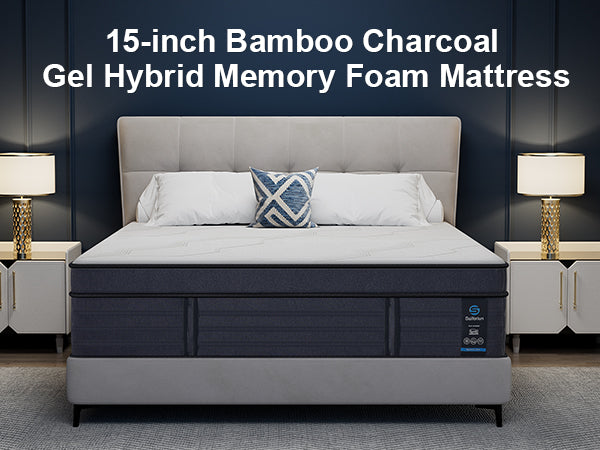15-inch Bamboo Charcoal Gel Hybrid Memory Foam Mattress with gray headboard and pillows in a bedroom setting.