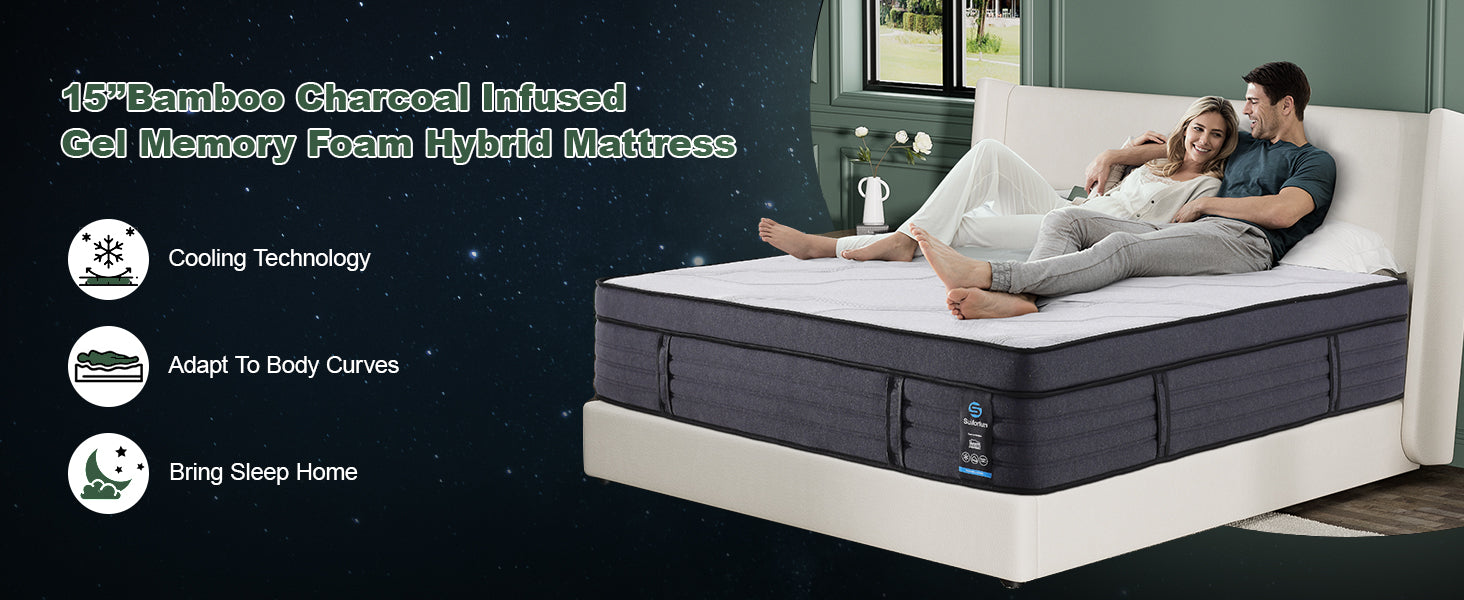 Mattress with cooling technology, adaptability features, and a couple lying on it in a bedroom setting.