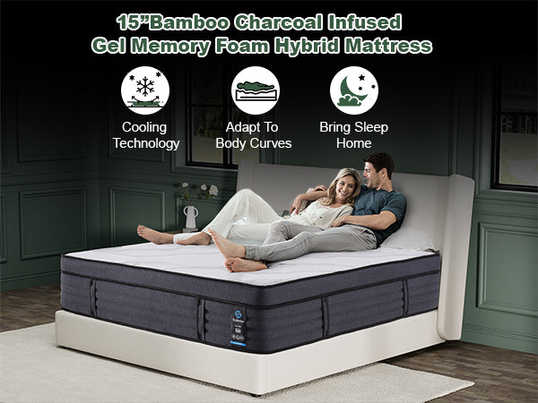 15” Bamboo Charcoal Infused Gel Memory Foam Hybrid Mattress with couple on it in a bedroom setting.