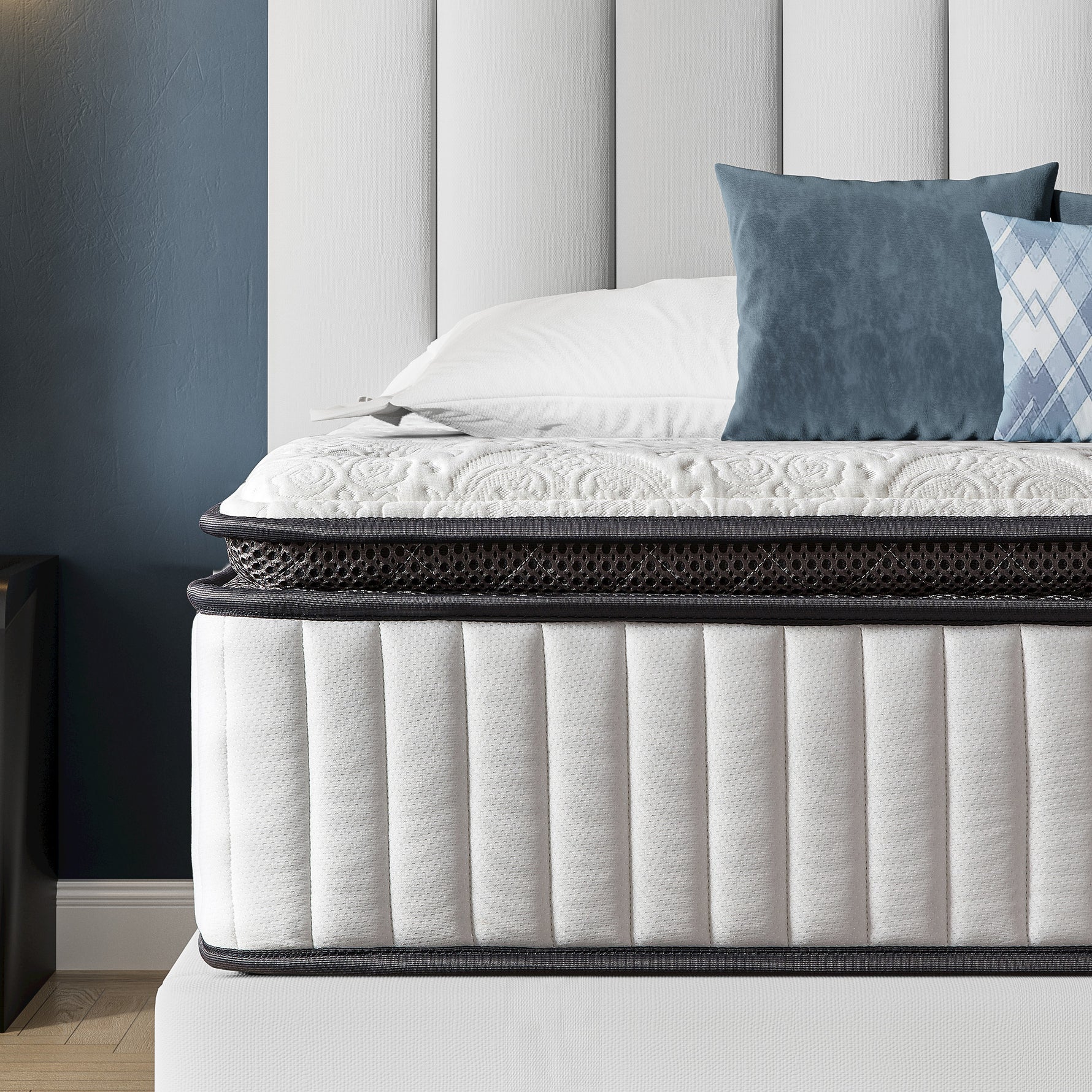 Close-up detail of DreamEase 12-Inch Hybrid Mattress – Gel memory foam and pocketed coils for pressure relief, cooler sleep, and motion isolation.