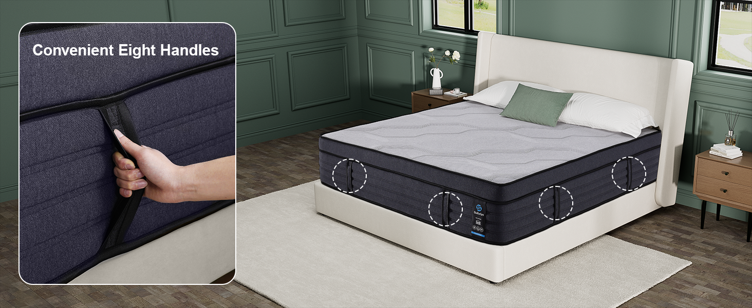 Mattress with eight handles on a bed in a room setting