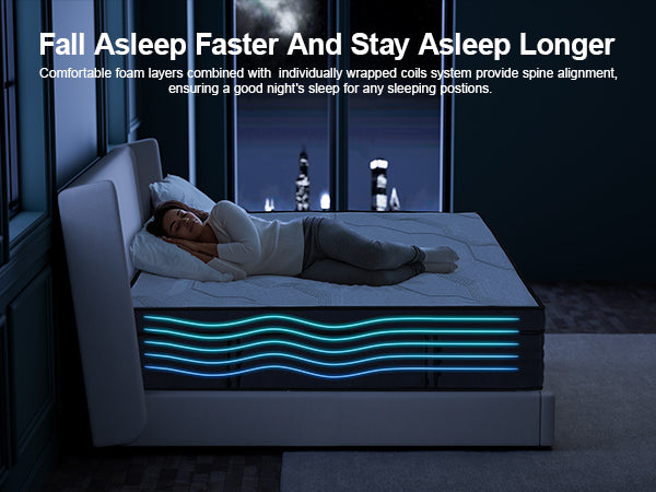 Person lying on a mattress with text about sleep improvement features