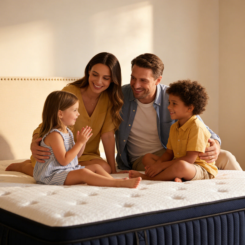 Family of four sitting on a mattress in a bedroom