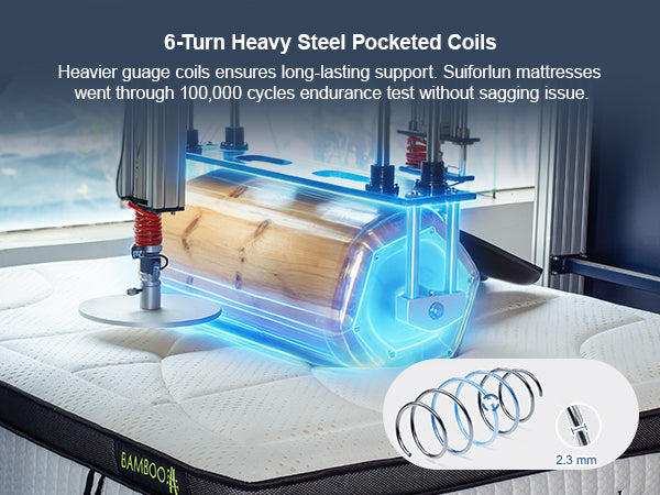 Mattress with 6-turn heavy steel pocketed coils and endurance test details.