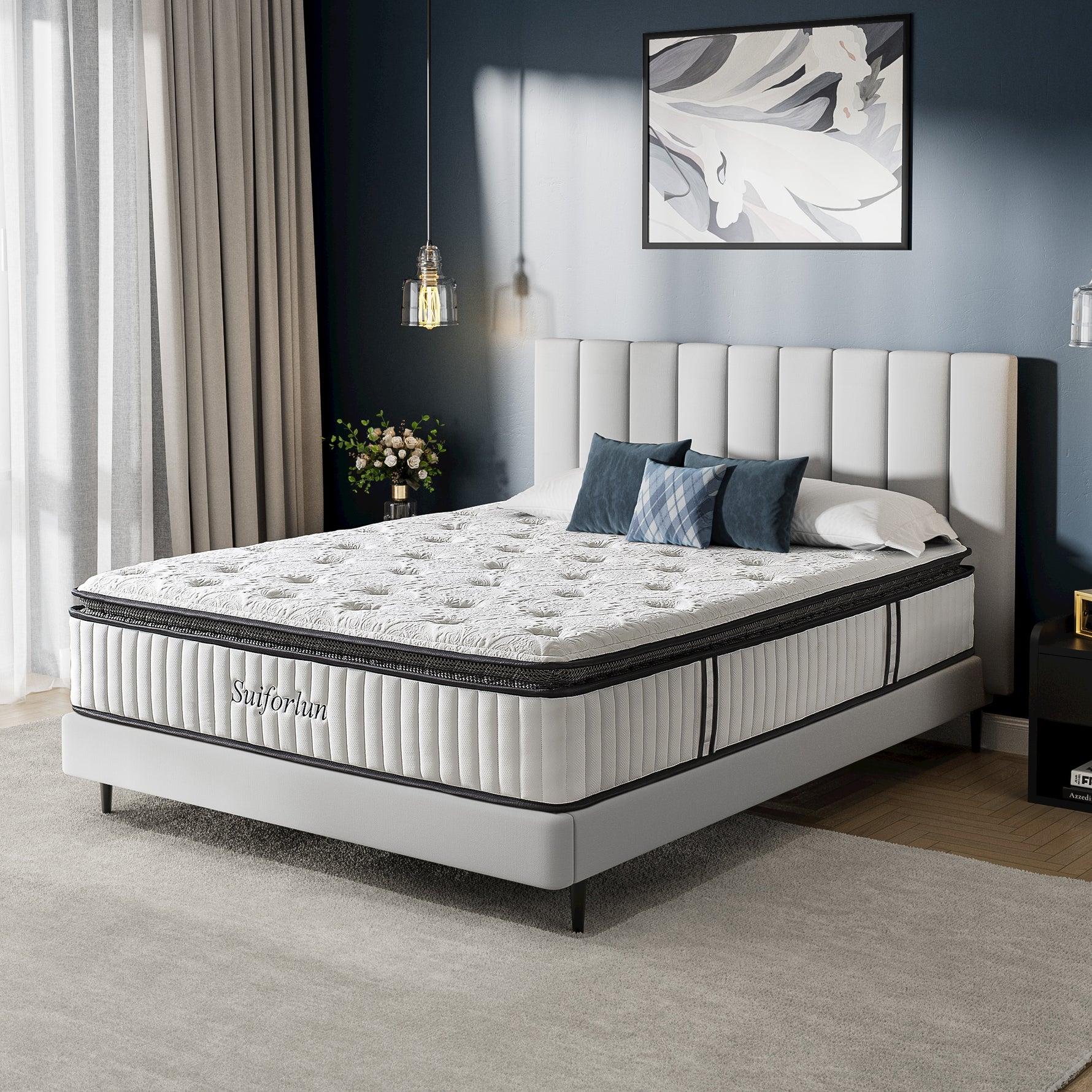 Side view of Suiforlun hybrid mattress, showcasing premium materials, reinforced edges, and breathable 3D mesh fabric for enhanced airflow and durability.