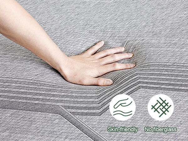 Hand touching a textured surface with 'Skin-friendly' and 'No fiberglass' icons displayed.