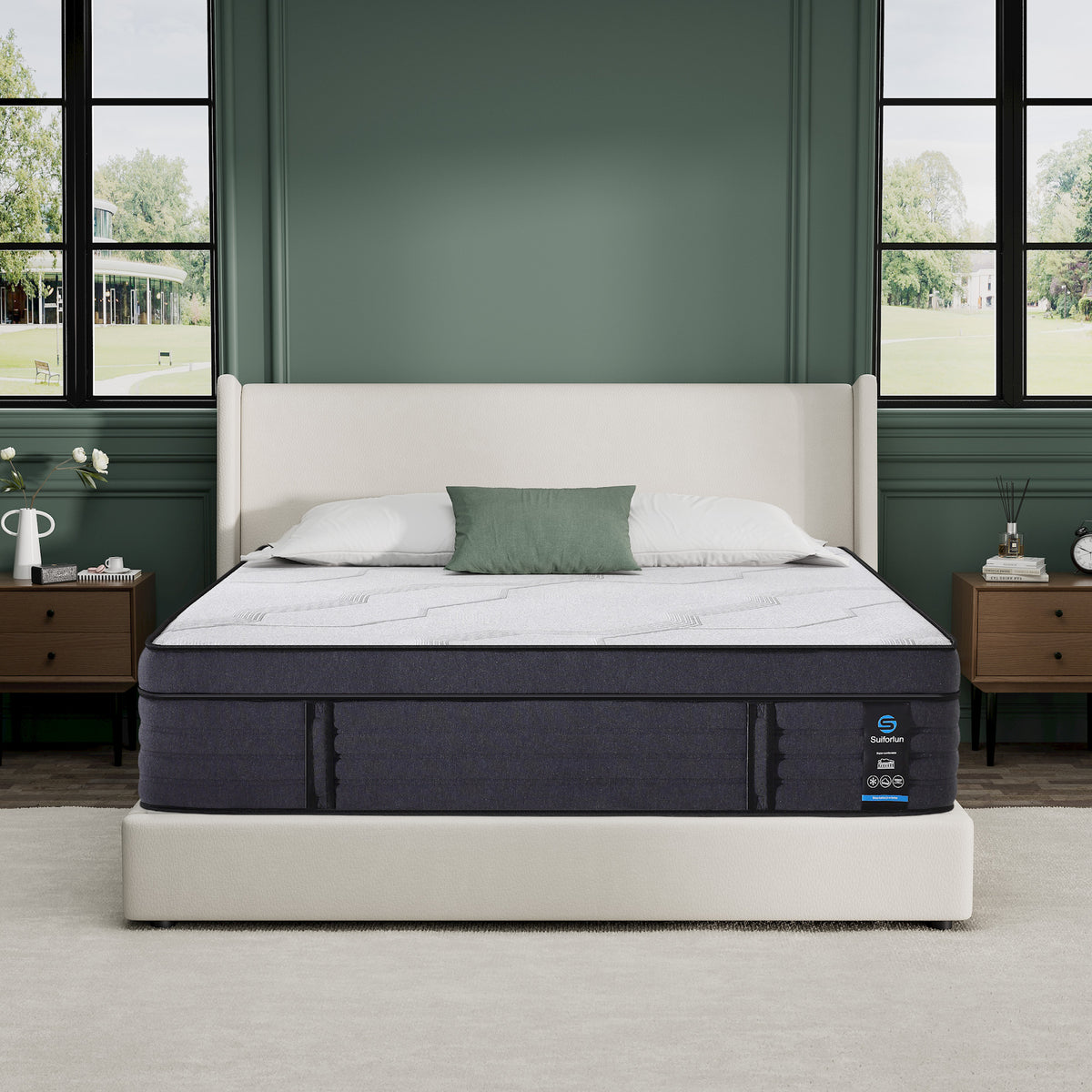 A hybrid mattress by Suiforlun displayed in a bedroom setting, showcasing its white color and modern design.