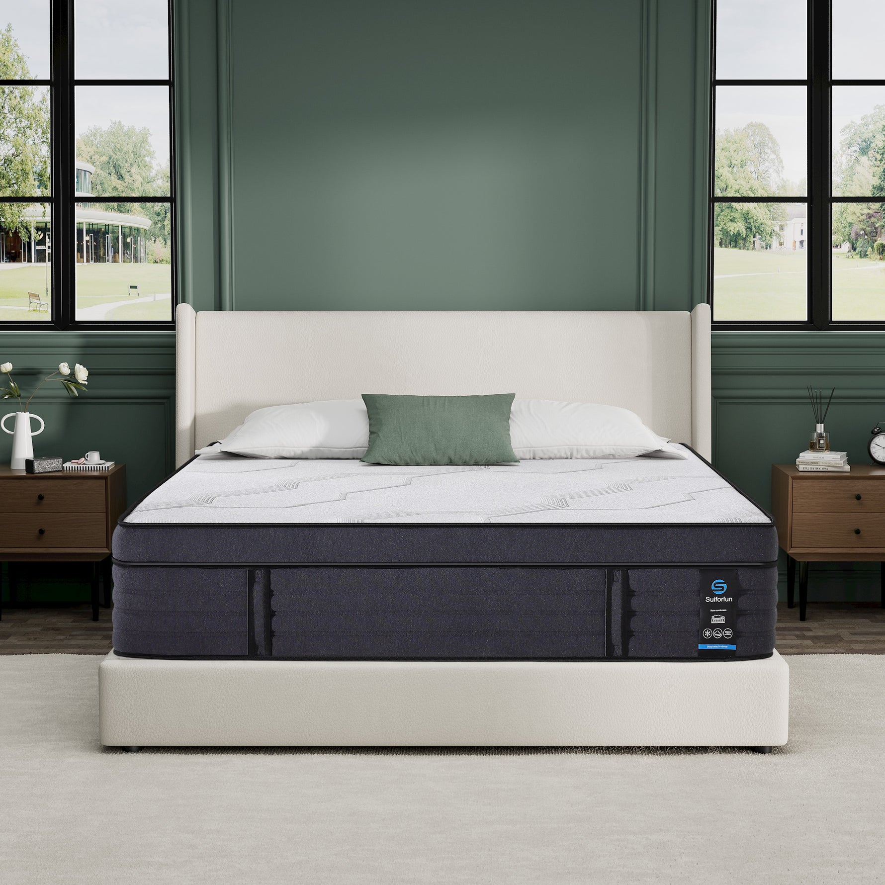 A hybrid mattress by Suiforlun displayed in a bedroom setting, showcasing its white color and modern design.
