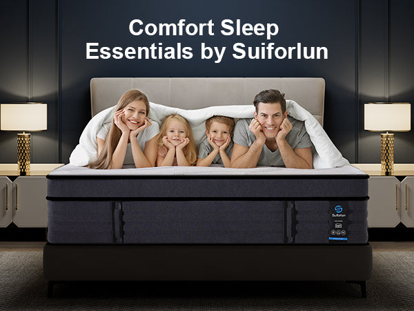 Family lying on a mattress with 'Comfort Sleep Essentials by Suiforlun' branding.