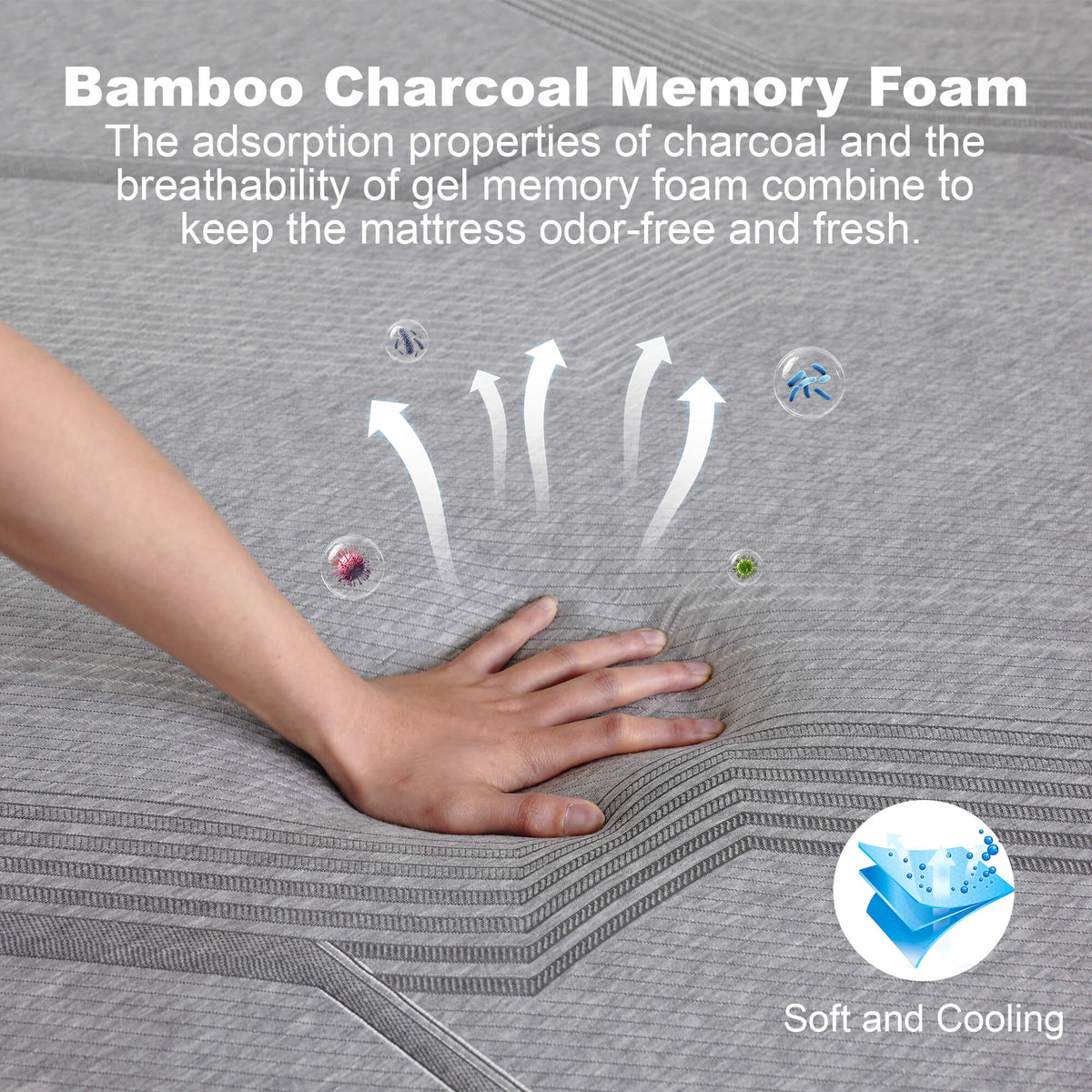 Bamboo charcoal memory foam mattress with hand touching it, text explaining properties.