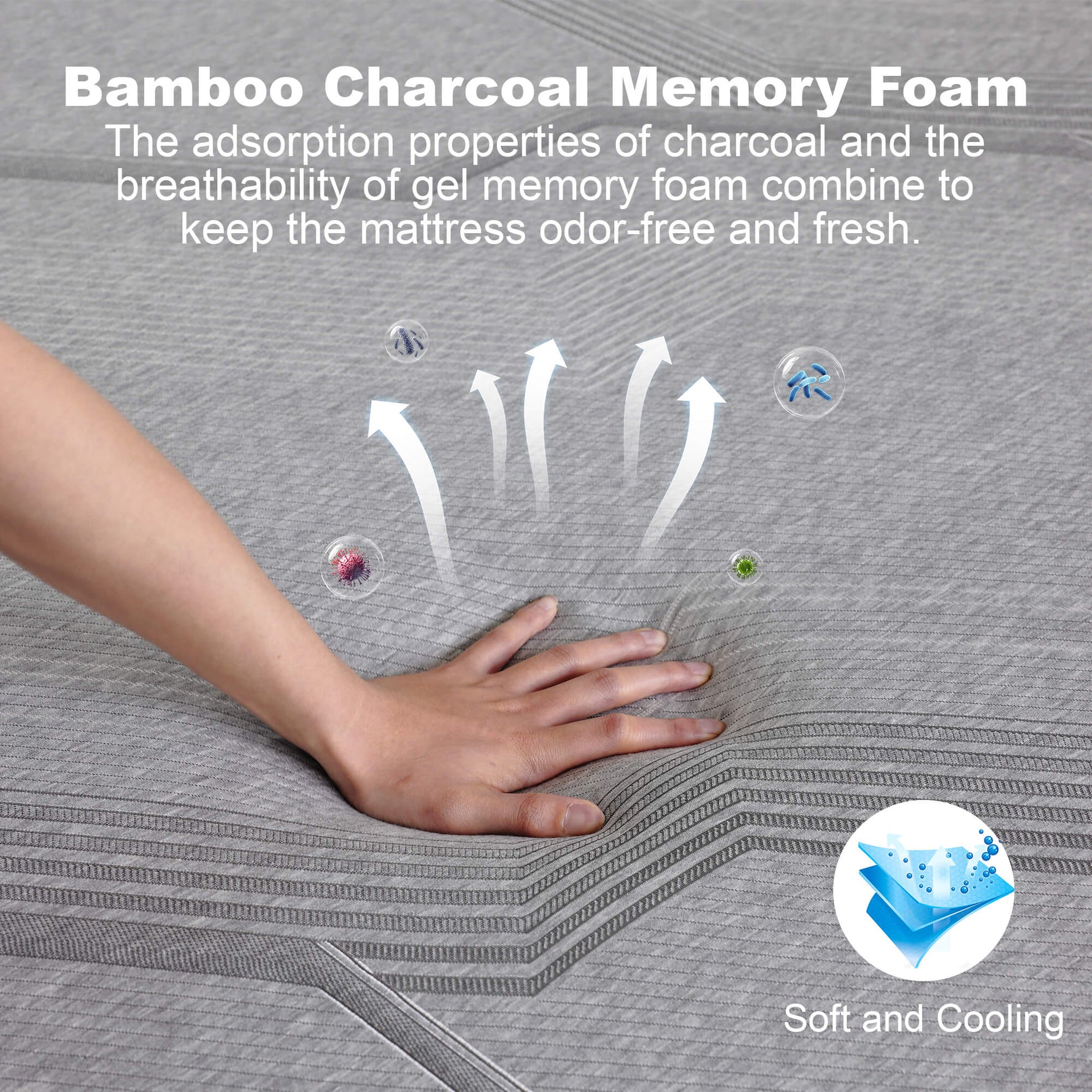 Bamboo charcoal memory foam mattress with hand touching it, text explaining properties.