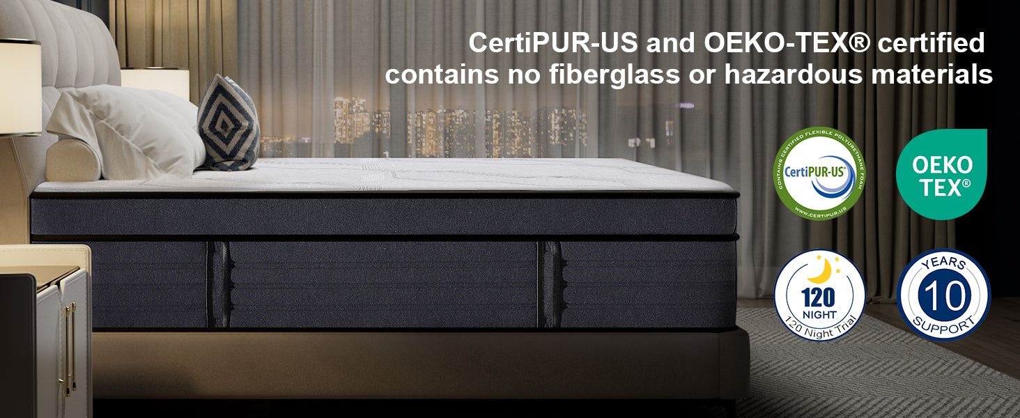 Mattress with CertiPUR-US and OEKO-TEX certification logos in a bedroom setting.