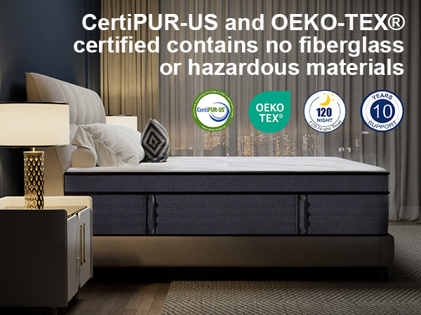 Mattress in a room with CertiPUR-US, OEKO-TEX, and other certification logos displayed.