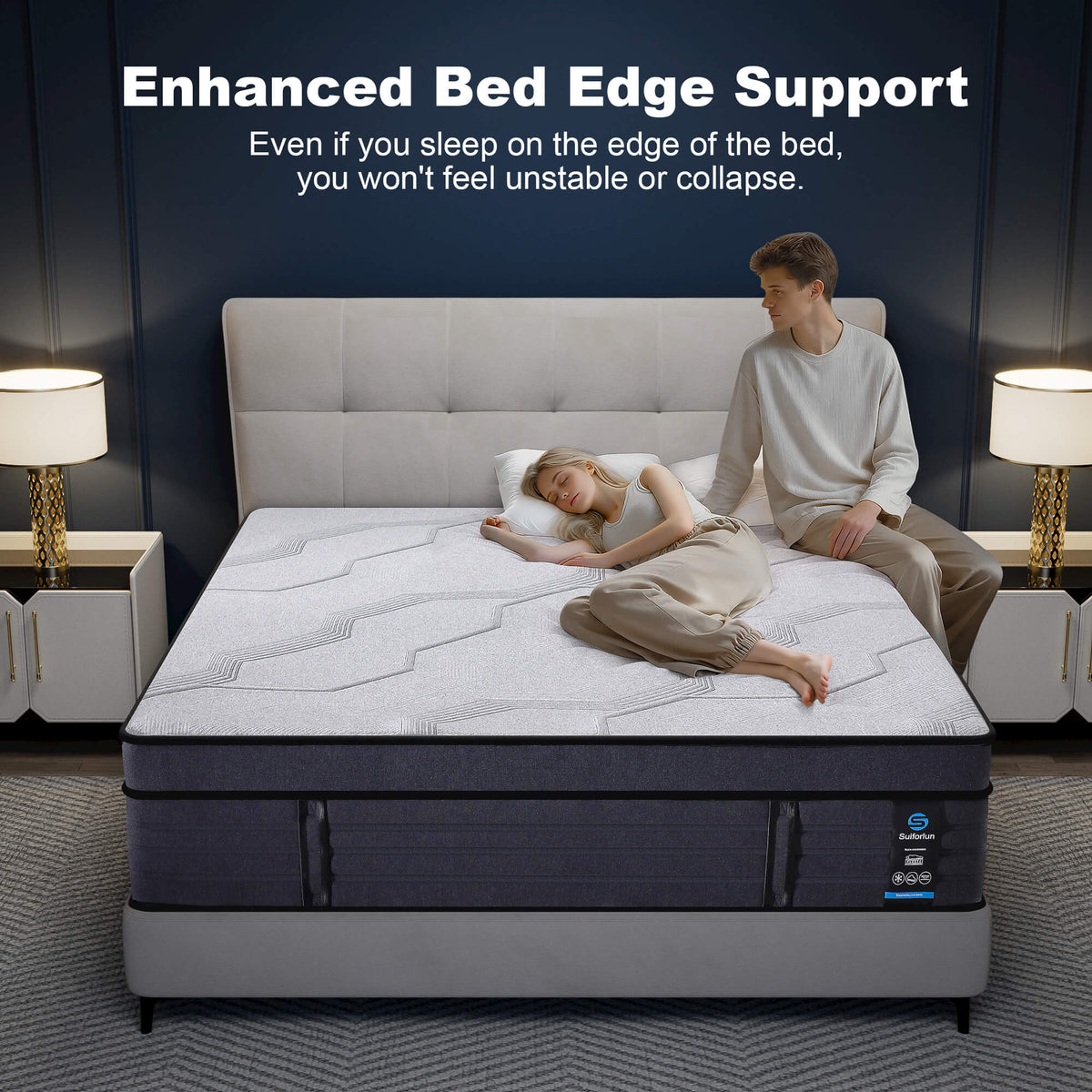 Bed with enhanced bed edge support feature, showing a couple on the mattress.