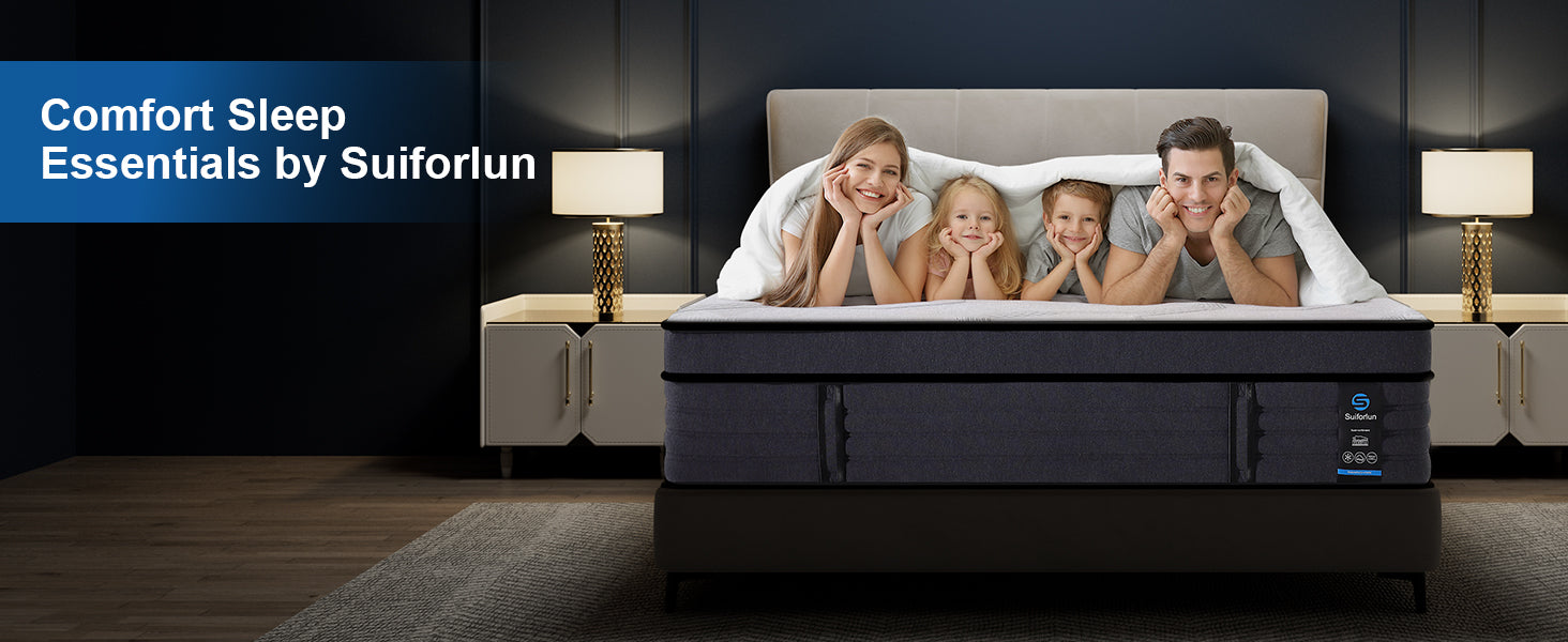 Family of four lying on a Comfort Sleep Essentials by Suiforlun mattress in a dark bedroom.