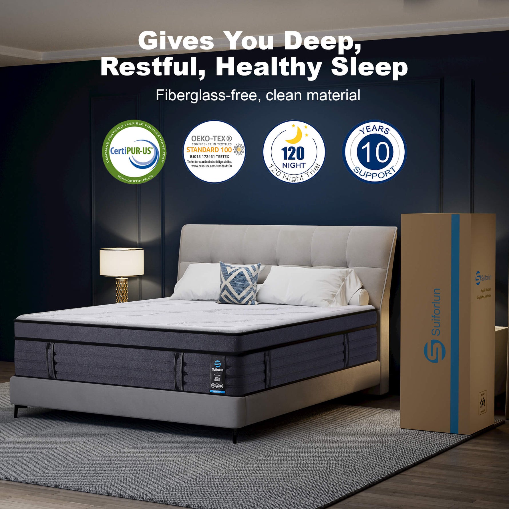 Gray mattress with packaging and certification logos on a dark background