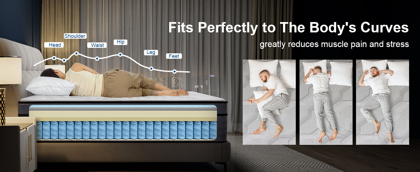 Bed with mattress showing how it fits the body's curves, reducing muscle pain and stress.