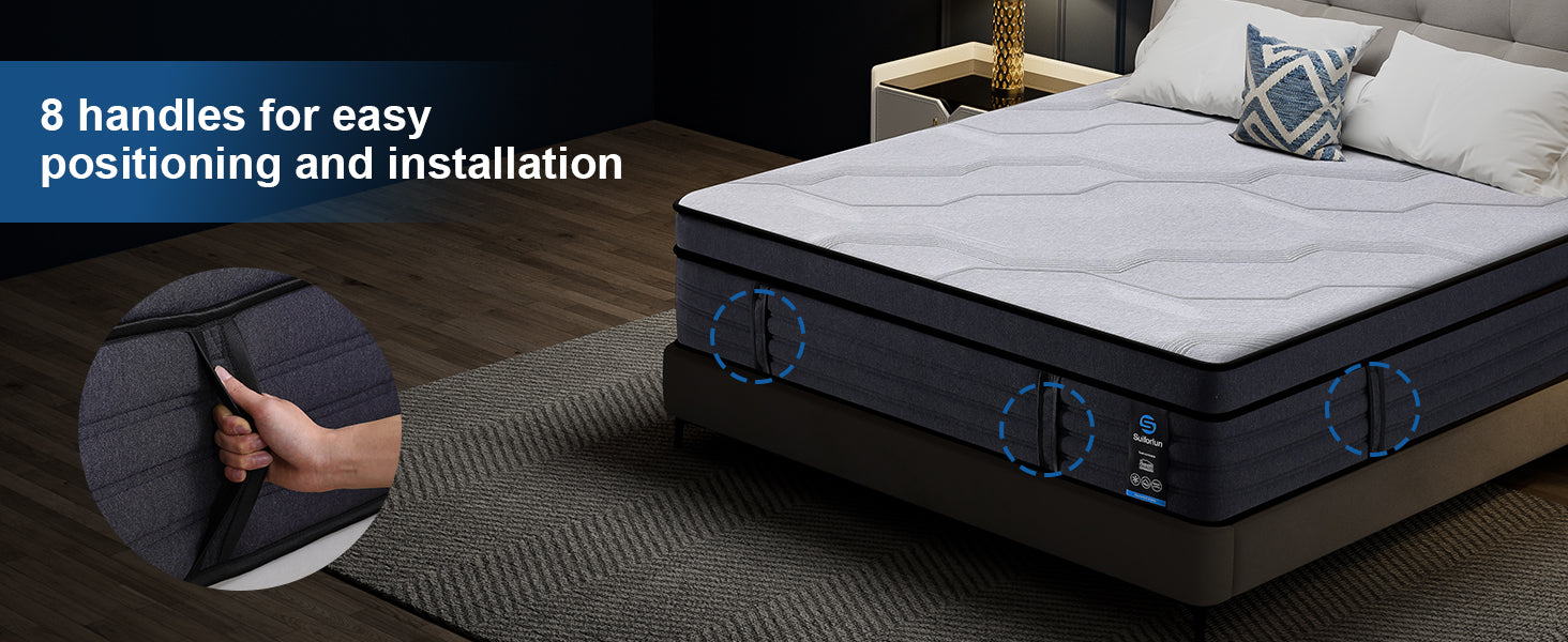 Mattress with handles for easy positioning and installation on a bed.
