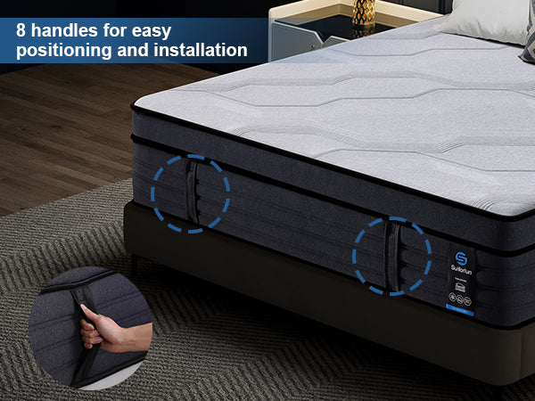 Mattress with 8 handles for easy positioning and installation, shown in a room setting.
