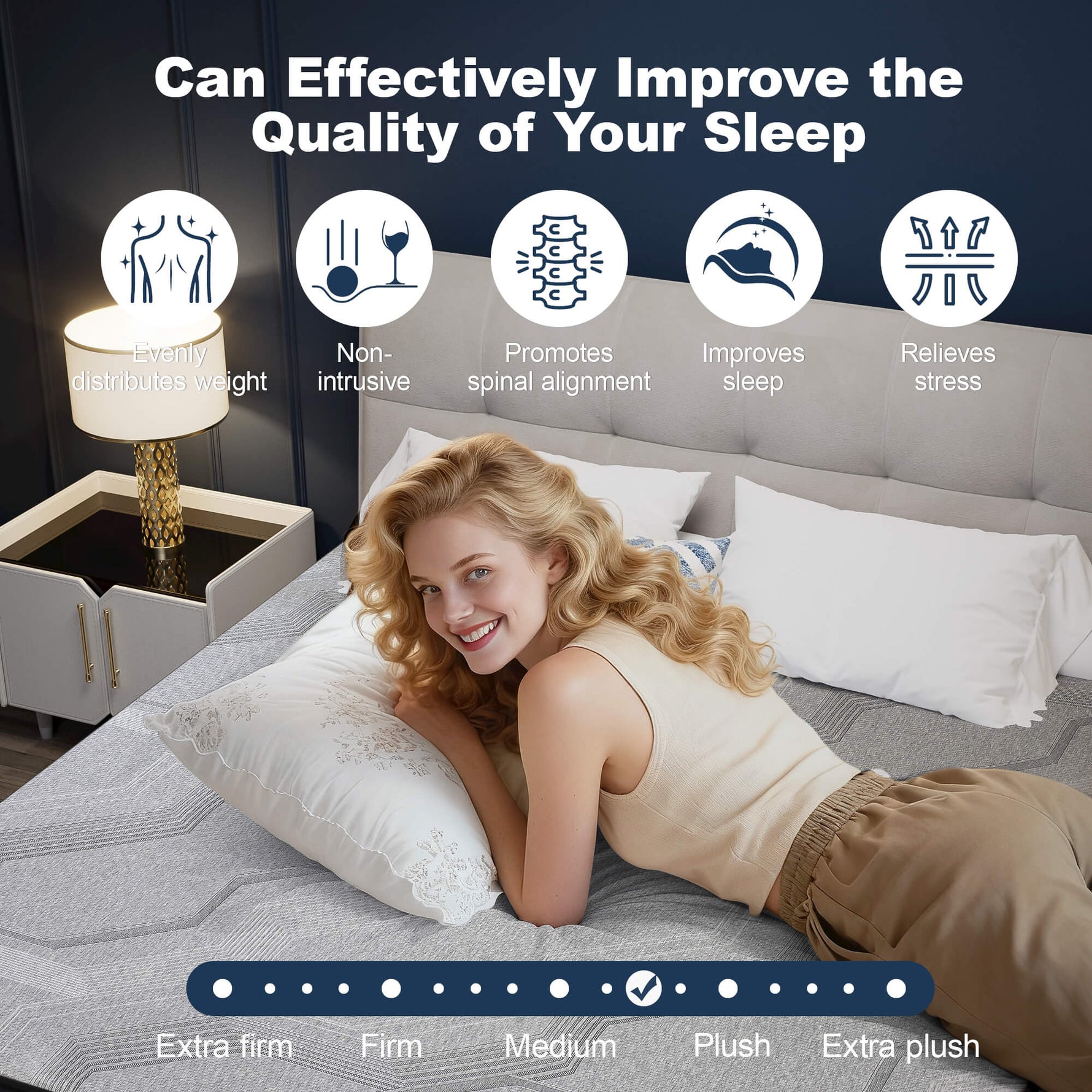 Woman lying on a bed with a pillow, surrounded by text and icons about sleep improvement.