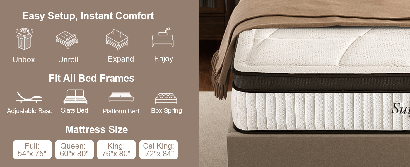 Bamboo hybrid mattress size options and compatibility with most bed frames