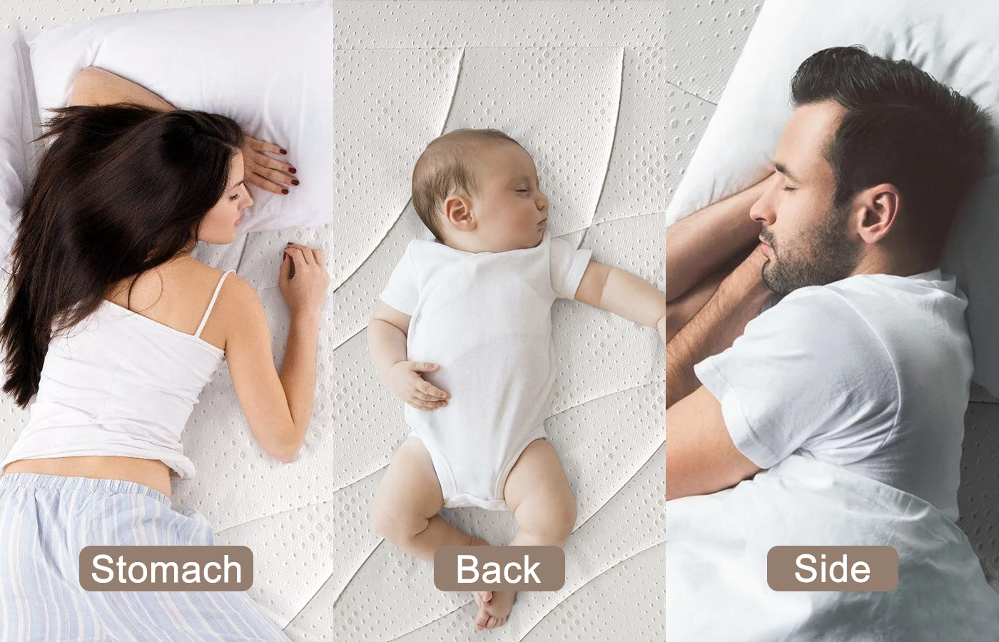Three panels showing a baby in different sleeping positions: stomach, back, and side.