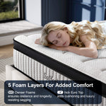 Woman lying on a mattress with text about foam layers for comfort