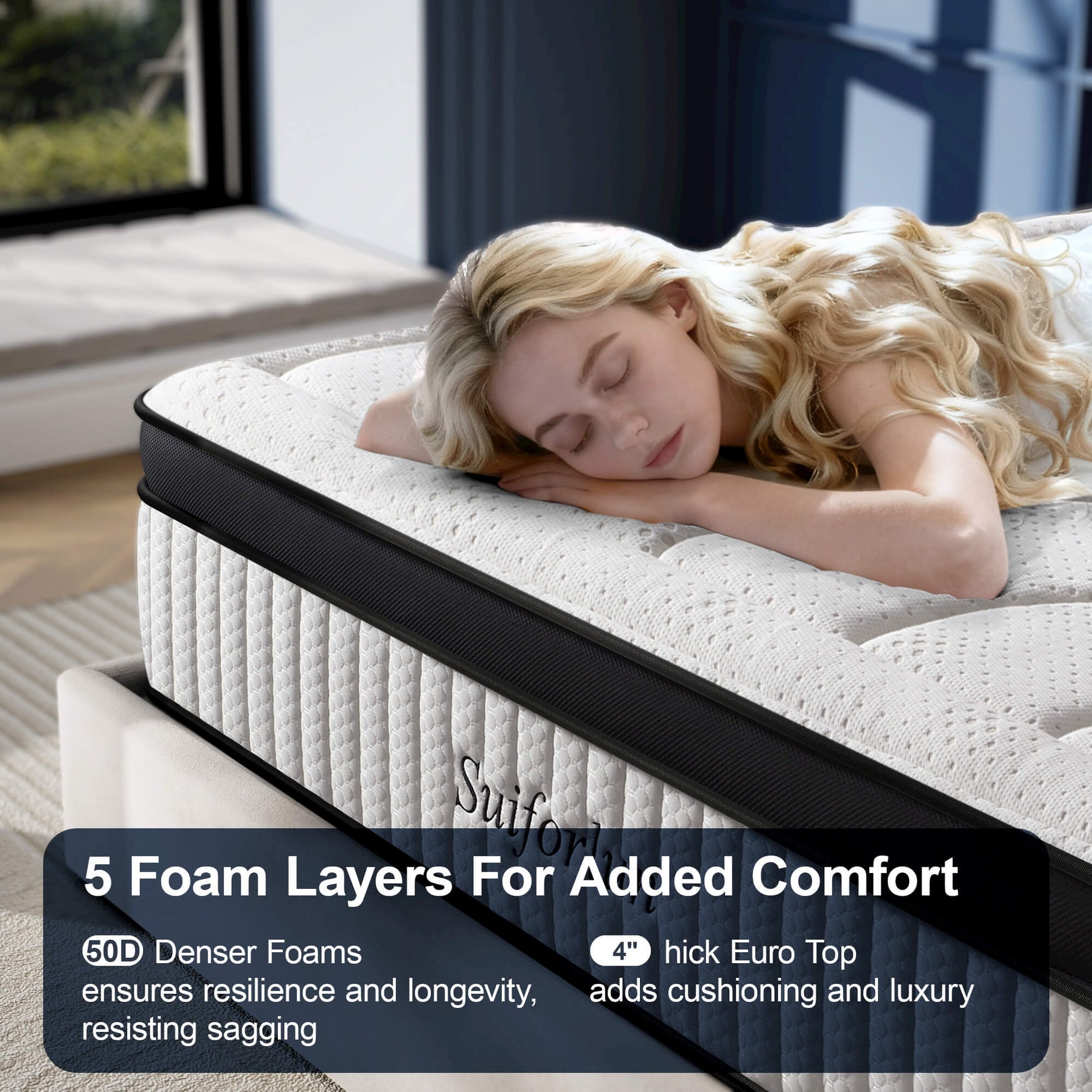 Woman lying on a mattress with text about foam layers for comfort