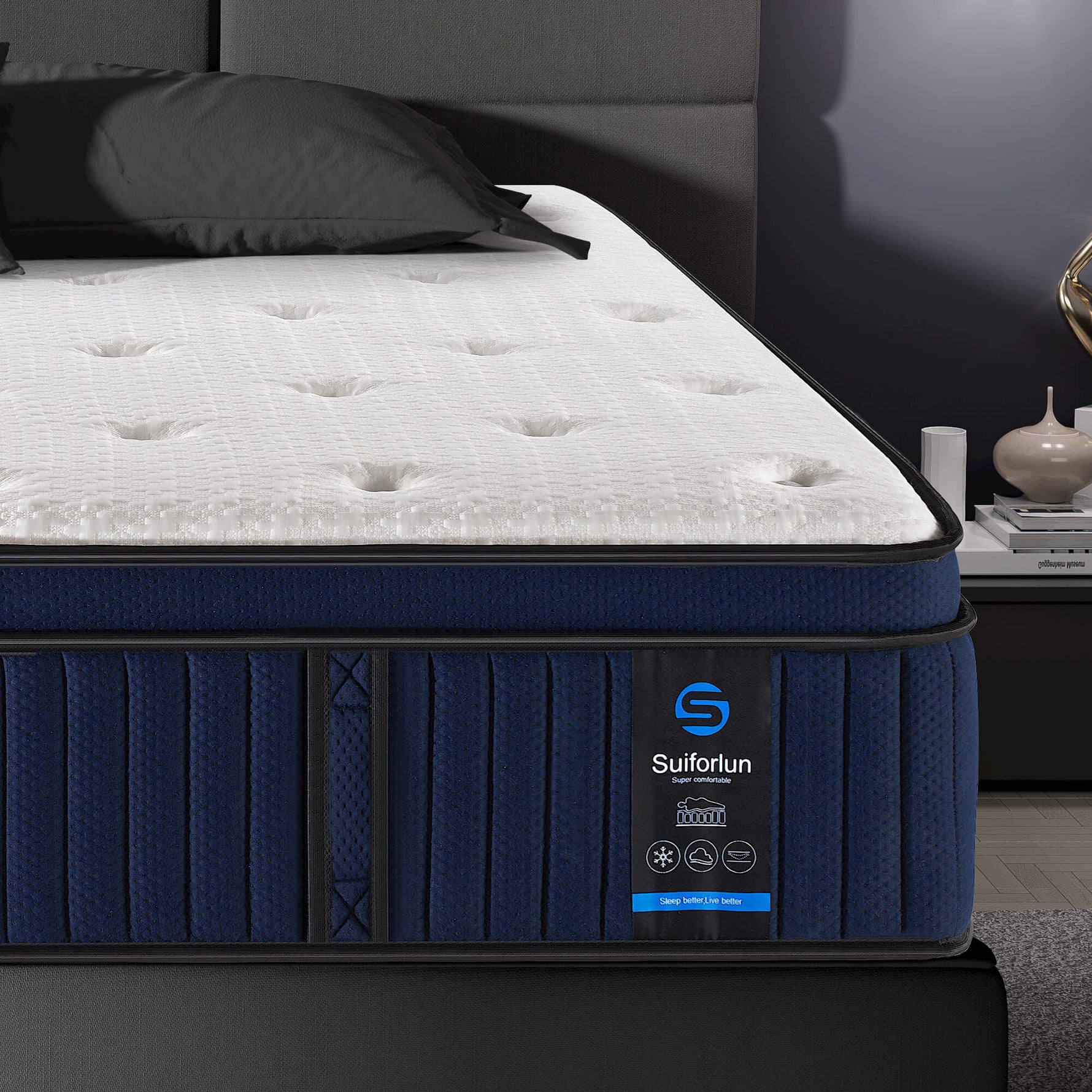 Cooling mattress with Sulfurun branding in a bedroom setting