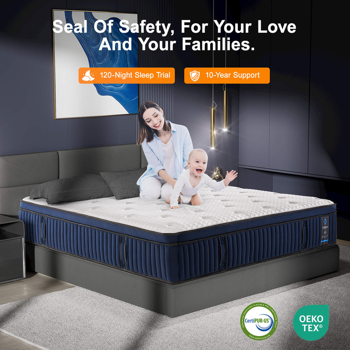 Woman and child on a mattress with safety and support assurances displayed.