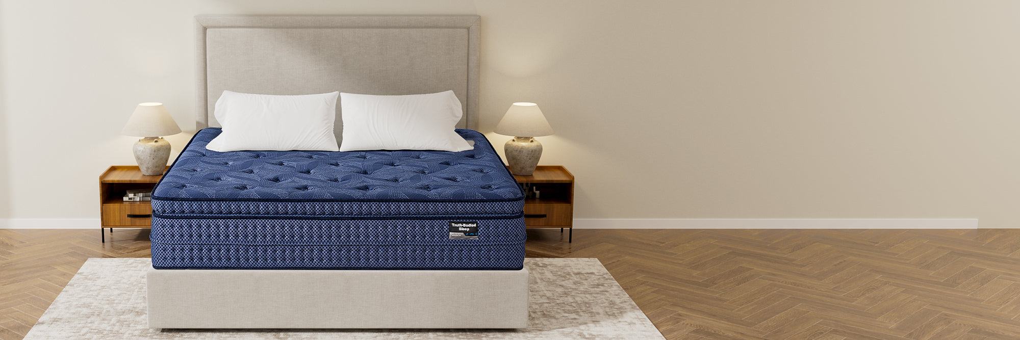 Blue mattress on a bed in a bedroom setting