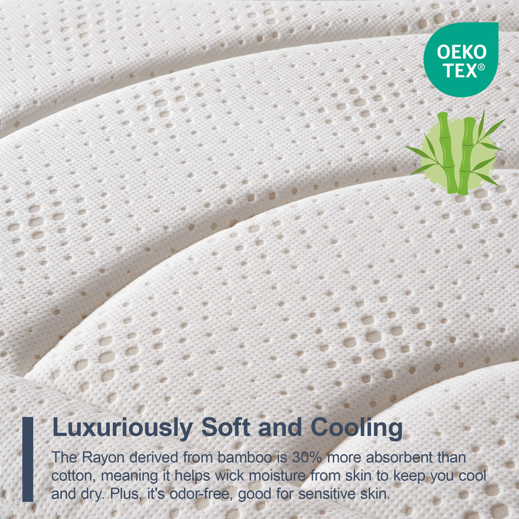 Close-up of a textured fabric surface with OEKO-TEX logo and product description text.