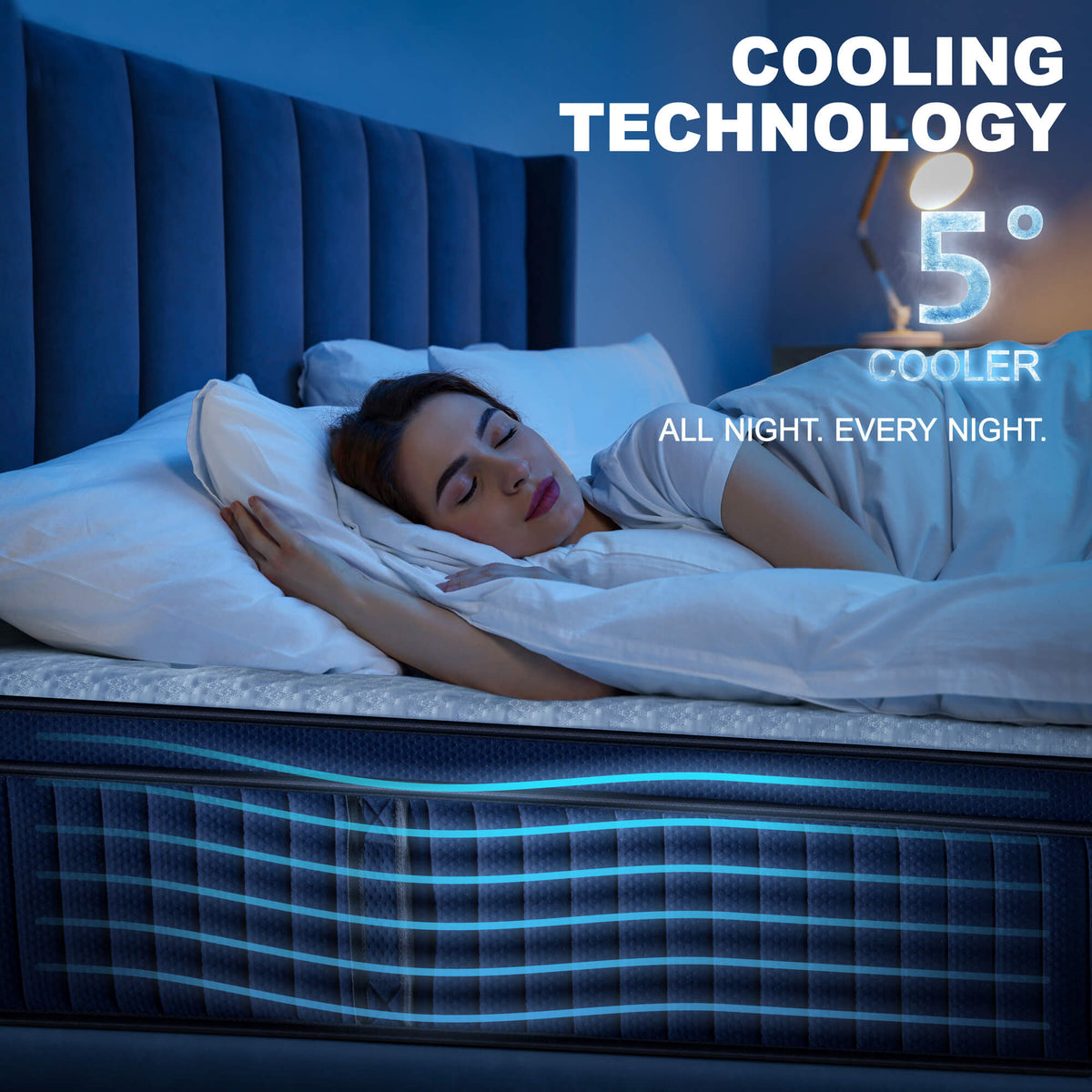 Woman sleeping on a mattress with cooling technology feature highlighted