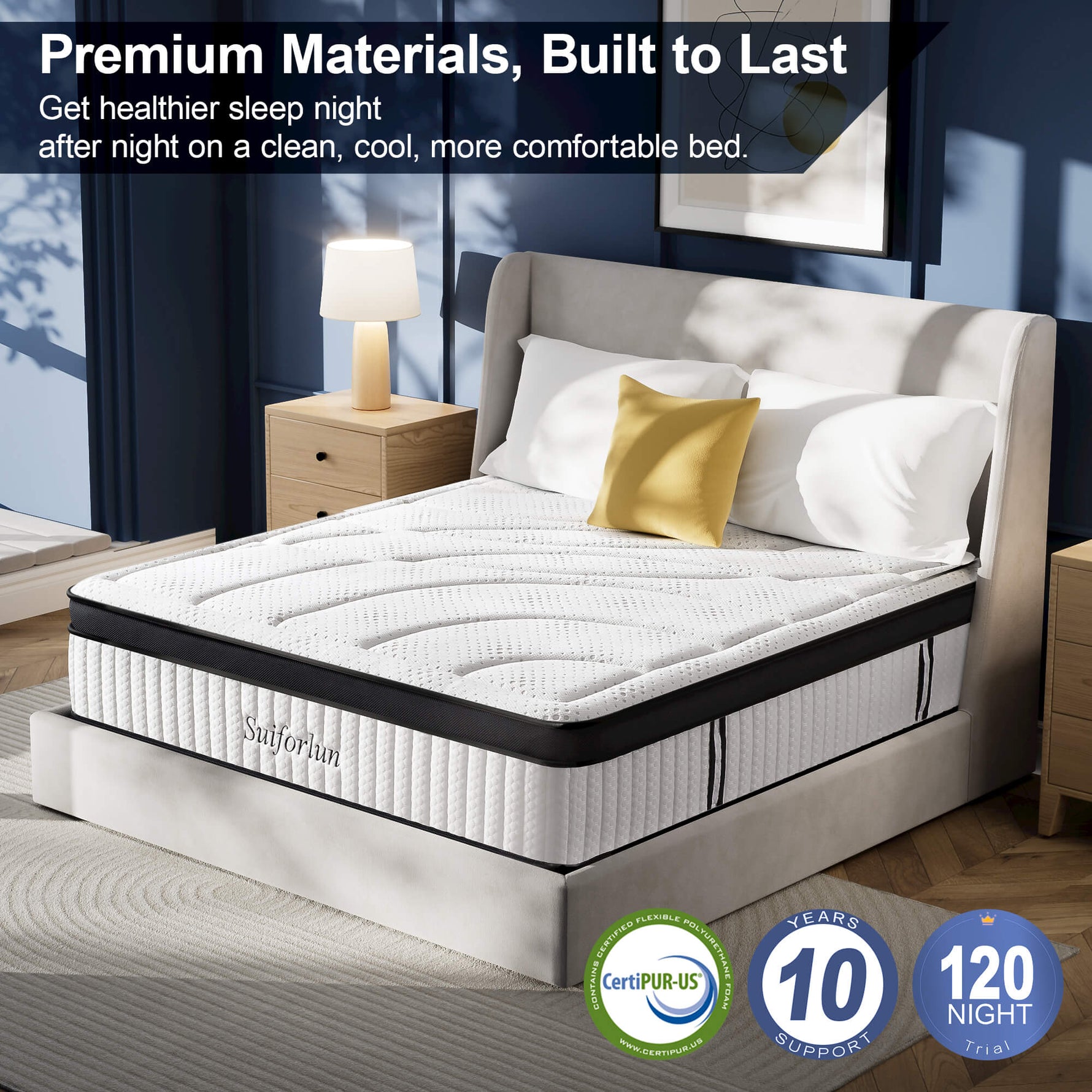 Mattress with CertiPUR-US logo and durability claims in a bedroom setting