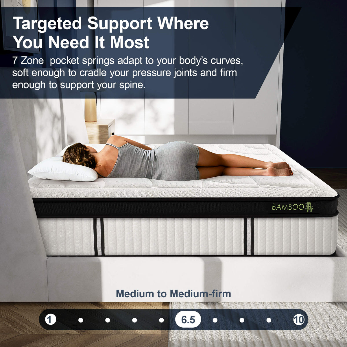 Person lying on a mattress with text about targeted support and product features.