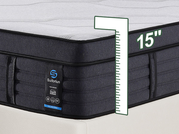 Black mattress with a 15-inch thickness measurement label on a white background
