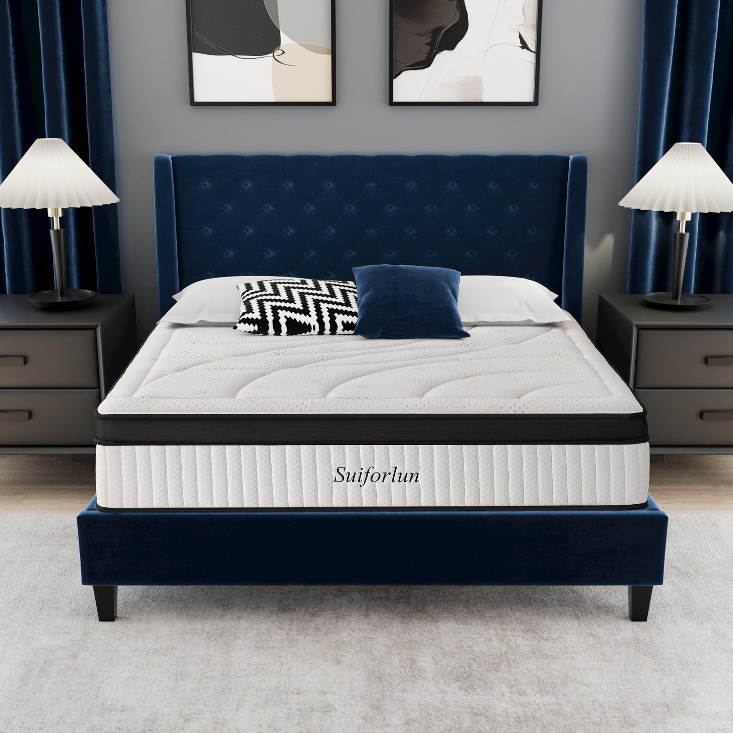 White mattress with black border on a blue bed frame in a bedroom setting.